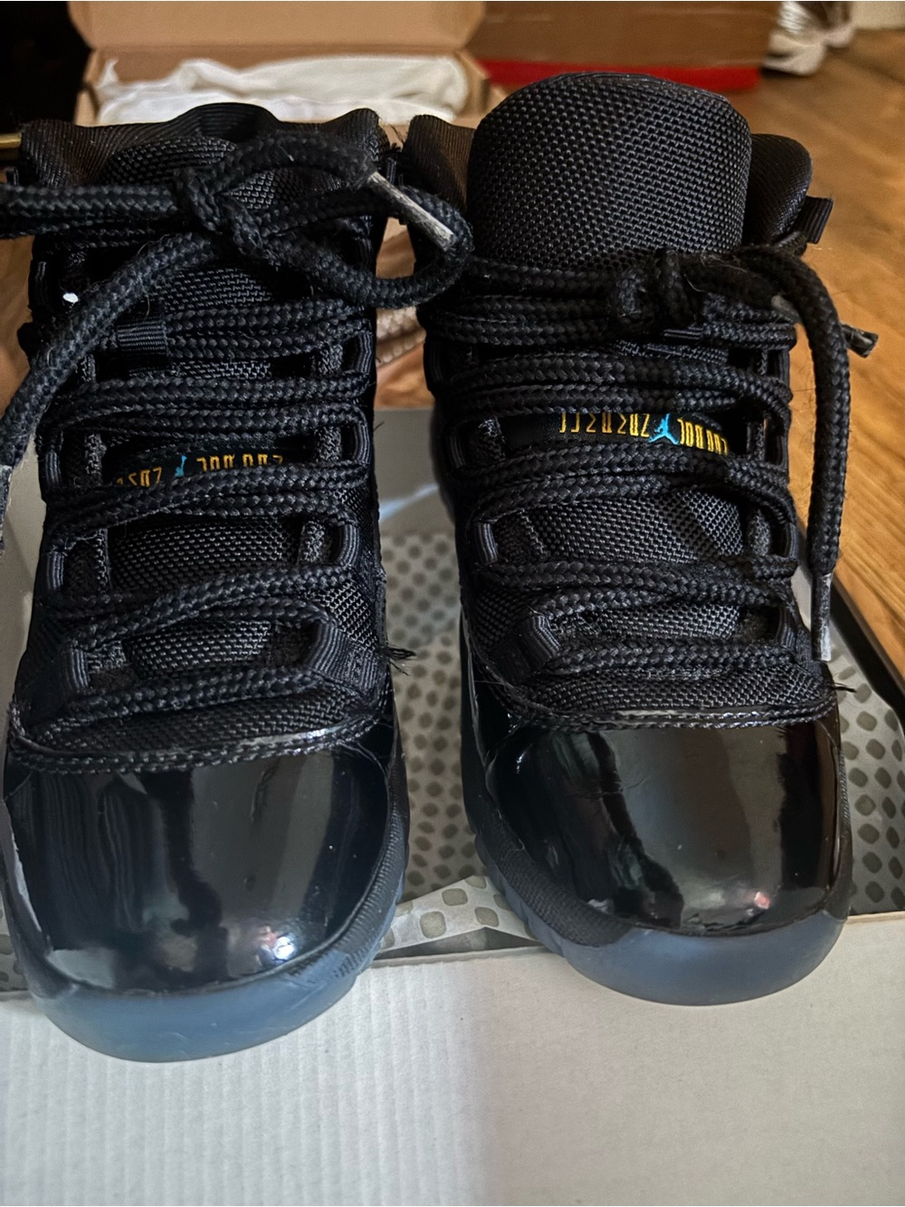 Jordan Kids Black Patent High-Top Sneakers with Blue Accent